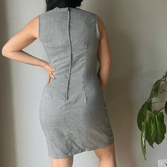 Vtg deadstock 90s Marnie West black‎ white houndstooth fitted belt dress size 10 - Picture 5 of 8